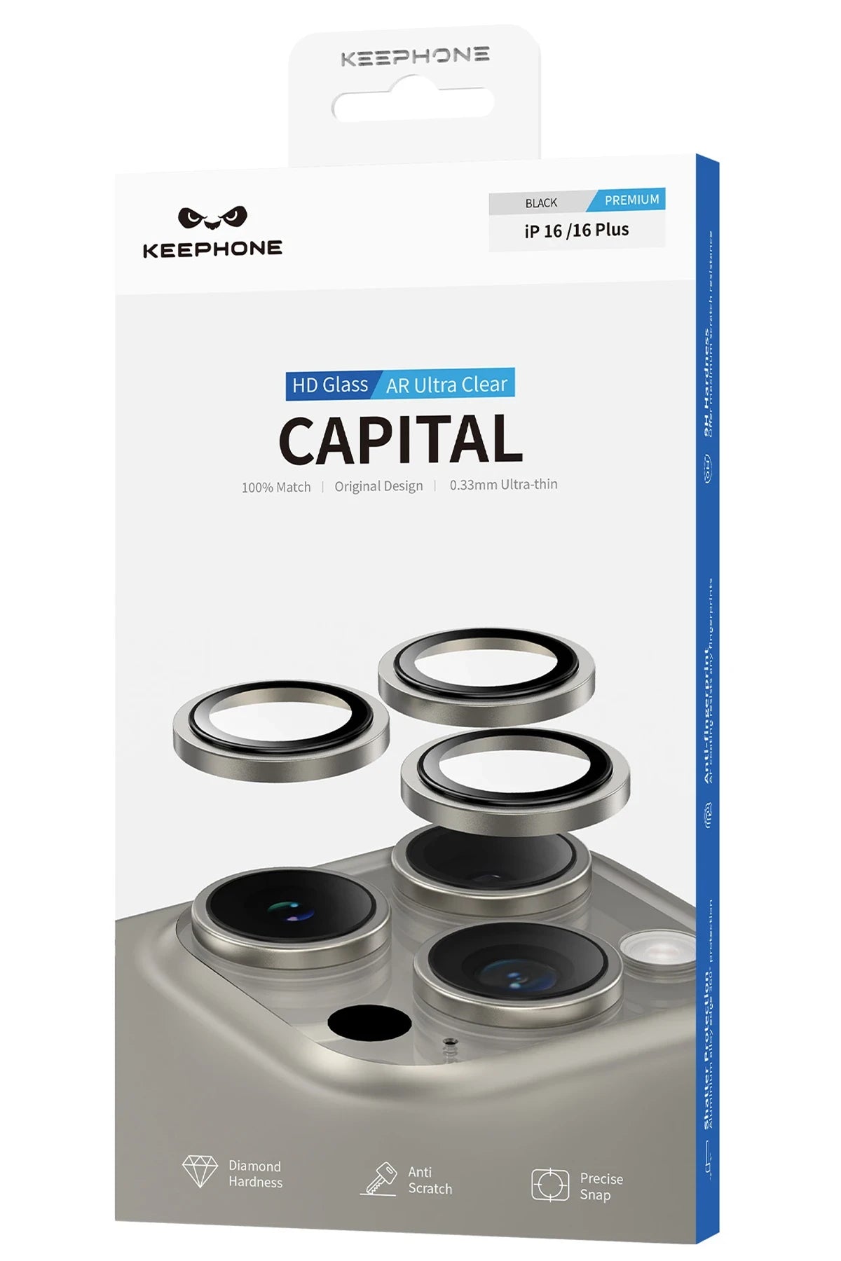 Keephone Apple iPhone 16 Capital Alüminyum AR Kamera Lens Koruyucu - Siyah