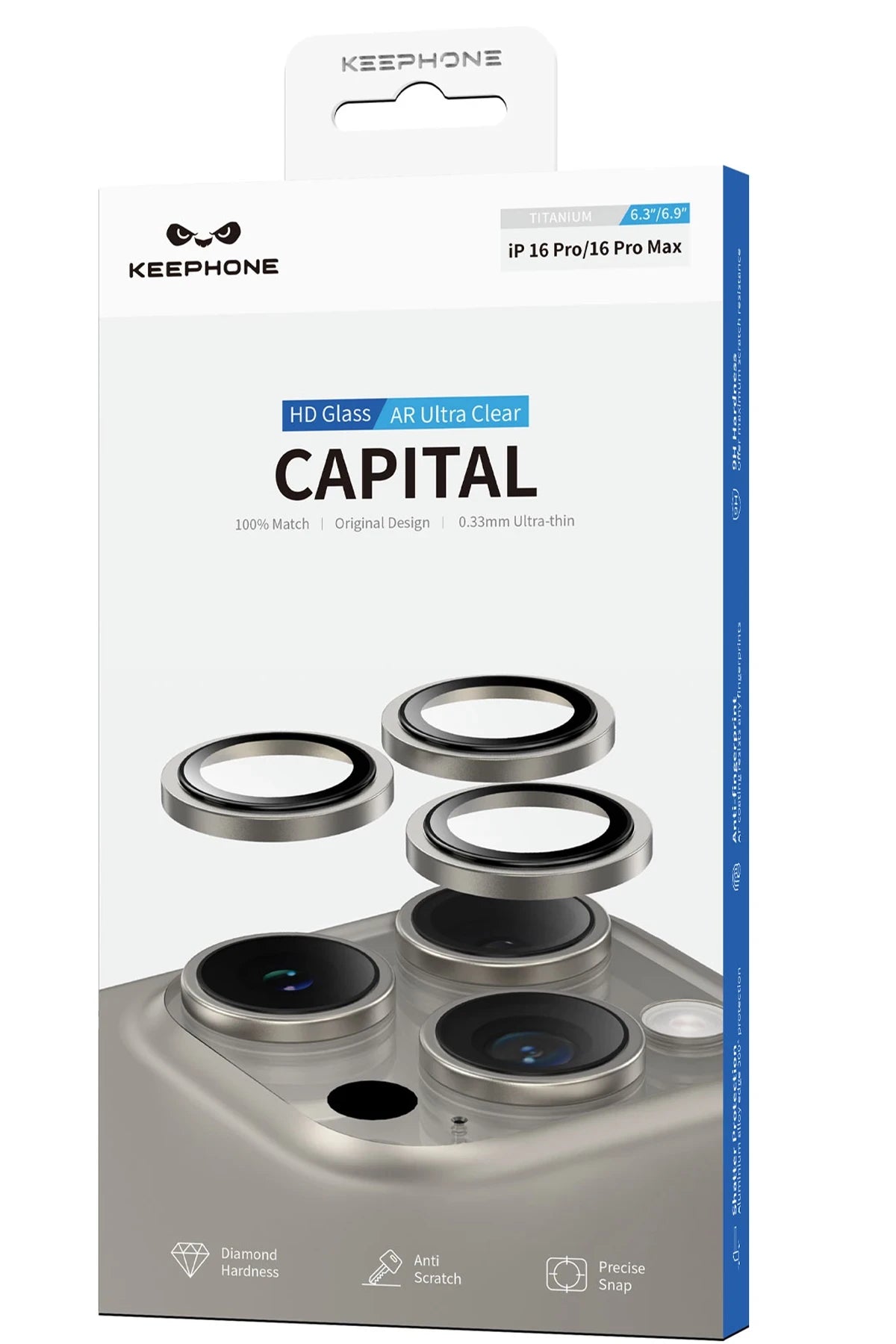 Keephone Apple iPhone 16 Pro Max Capital Alüminyum AR Kamera Lens Koruyucu - Siyah