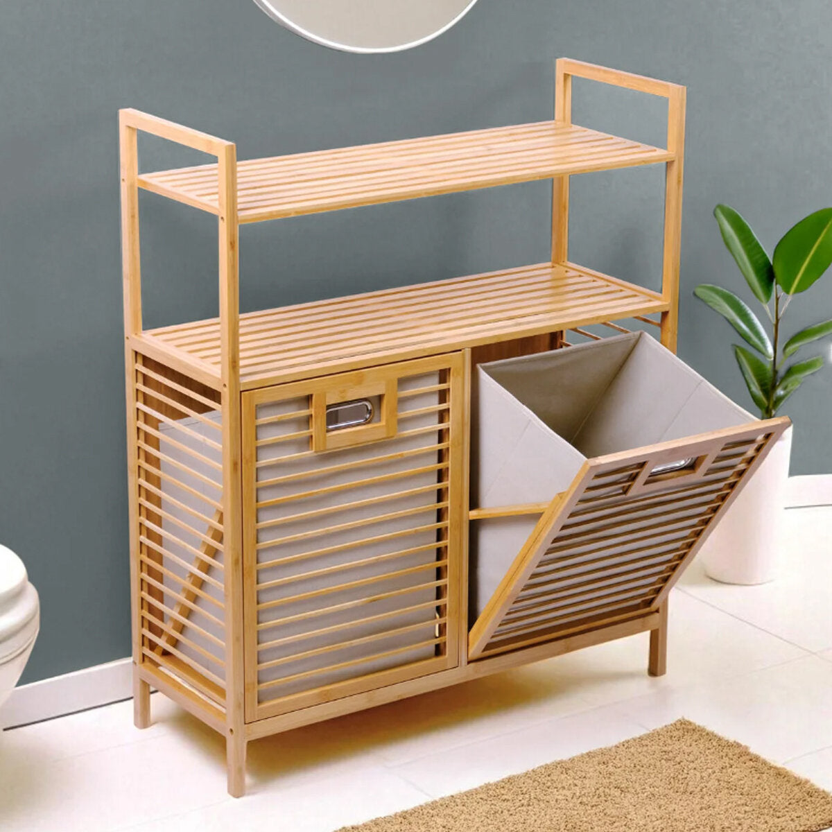 KİRLİ 2 KAT ORGANİZER RAFLI - 2 BÖLMELİ ÖNDEN ÇEK AÇ KALIN AHŞAP BAMBU KİRLİ ÇAMAŞIR SEPETİ 80X33X87CM (5643)