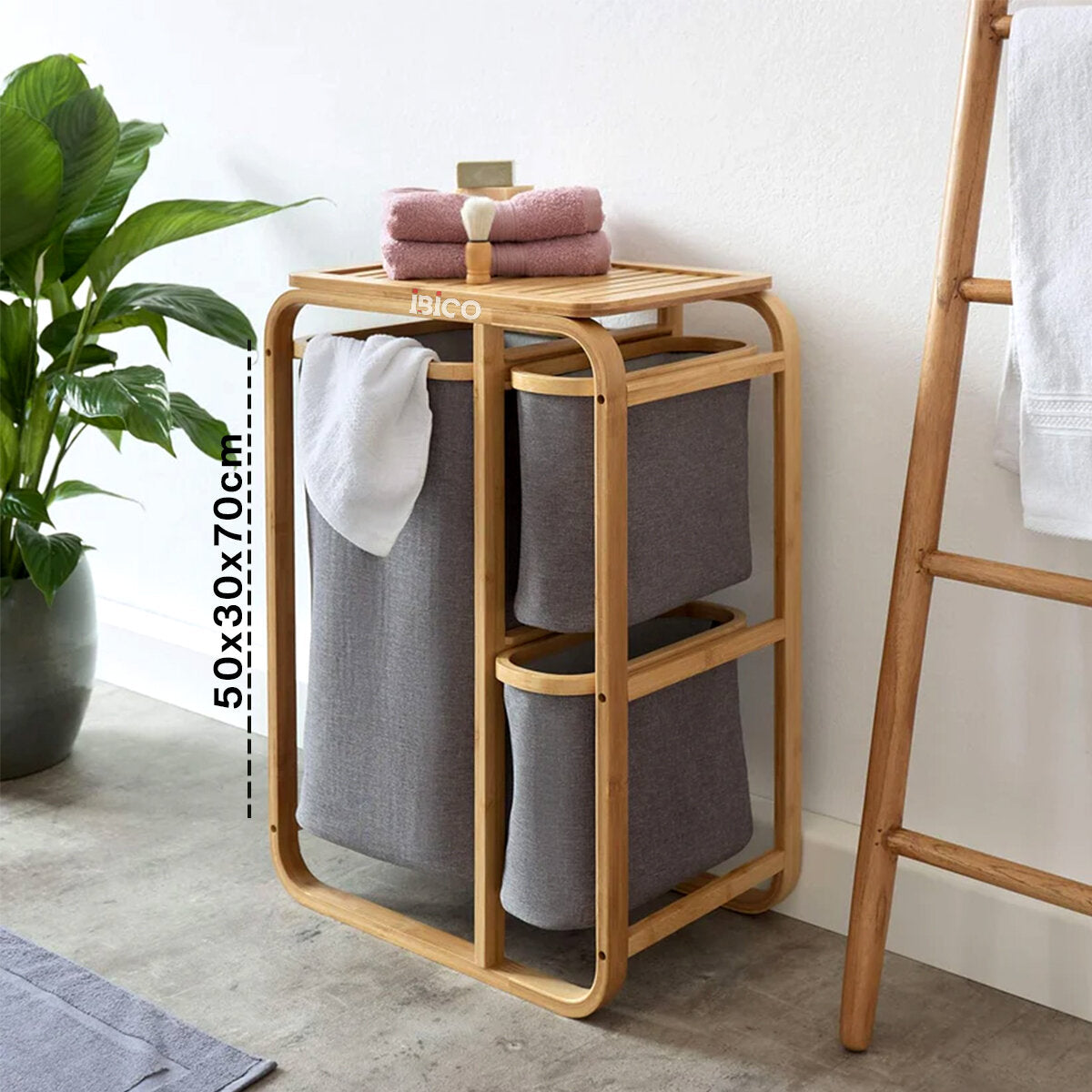 KİRLİ ÇAMAŞIR SEPETİ AHŞAP - BAMBU 3 ORGANİZER BÖLMELİ KUMAŞ ÇANTALI 50X30X70CM (5643)