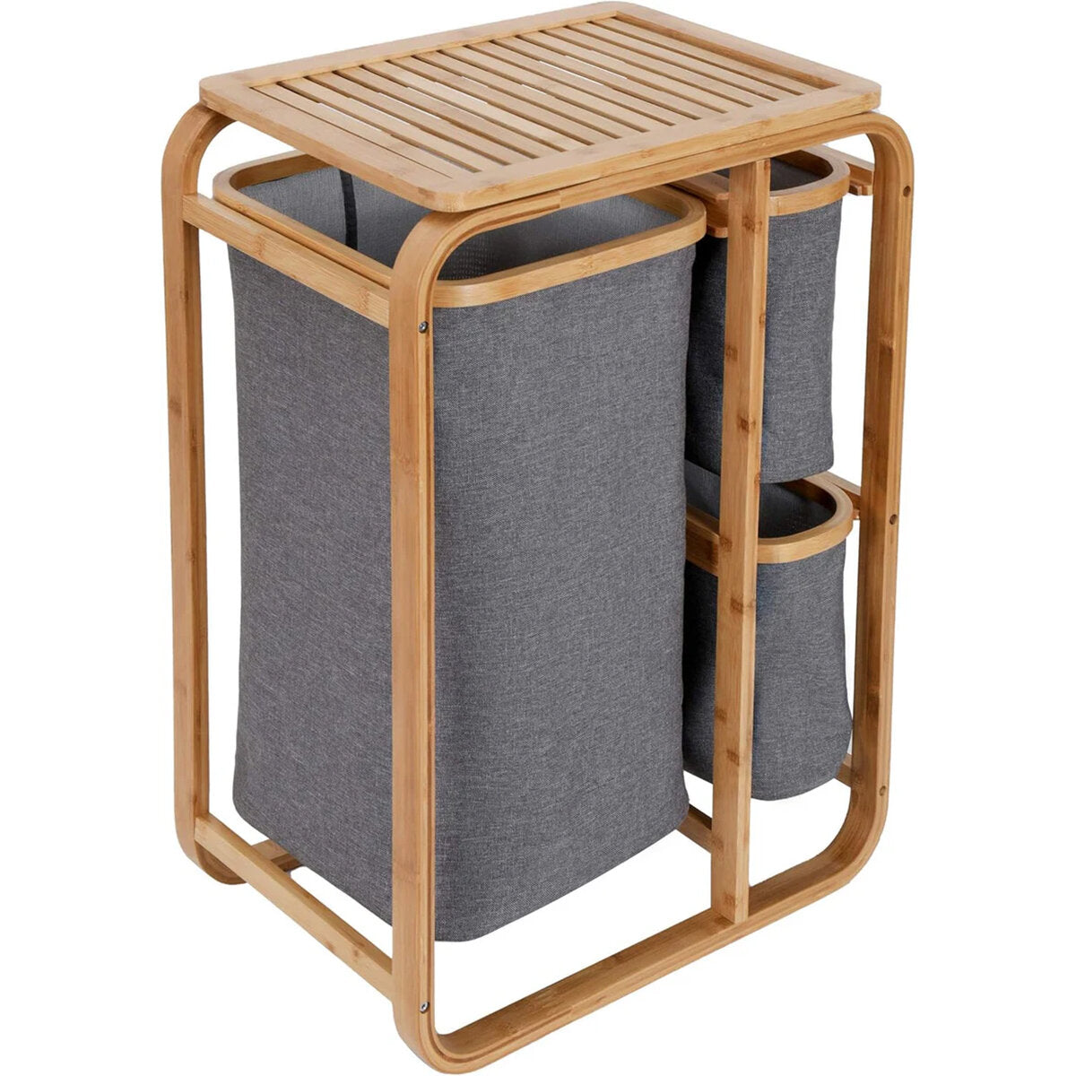 KİRLİ ÇAMAŞIR SEPETİ AHŞAP - BAMBU 3 ORGANİZER BÖLMELİ KUMAŞ ÇANTALI 50X30X70CM (5643)