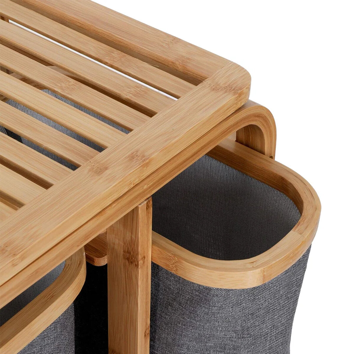 KİRLİ ÇAMAŞIR SEPETİ AHŞAP - BAMBU 3 ORGANİZER BÖLMELİ KUMAŞ ÇANTALI 50X30X70CM (5643)