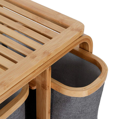 KİRLİ ÇAMAŞIR SEPETİ AHŞAP - BAMBU 3 ORGANİZER BÖLMELİ KUMAŞ ÇANTALI 50X30X70CM (5643)