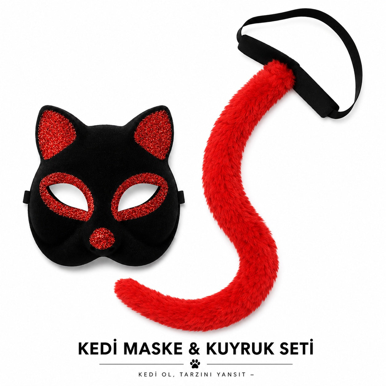 Kırmızı Kedi Maske ve Kuyruk Seti Parti Kostüm Aksesuarı (5643)