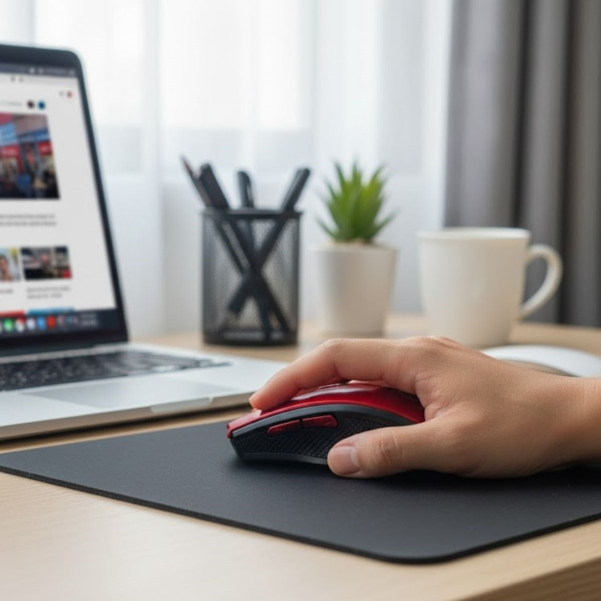 Kırmızı Renkli Baş Parmak Destekli Ergonomik Sessiz Kablosuz Mouse – USB Alıcılı, Ofis ve Oyun İçin Konforlu Bilgisayar Faresi MS6300 (5643)