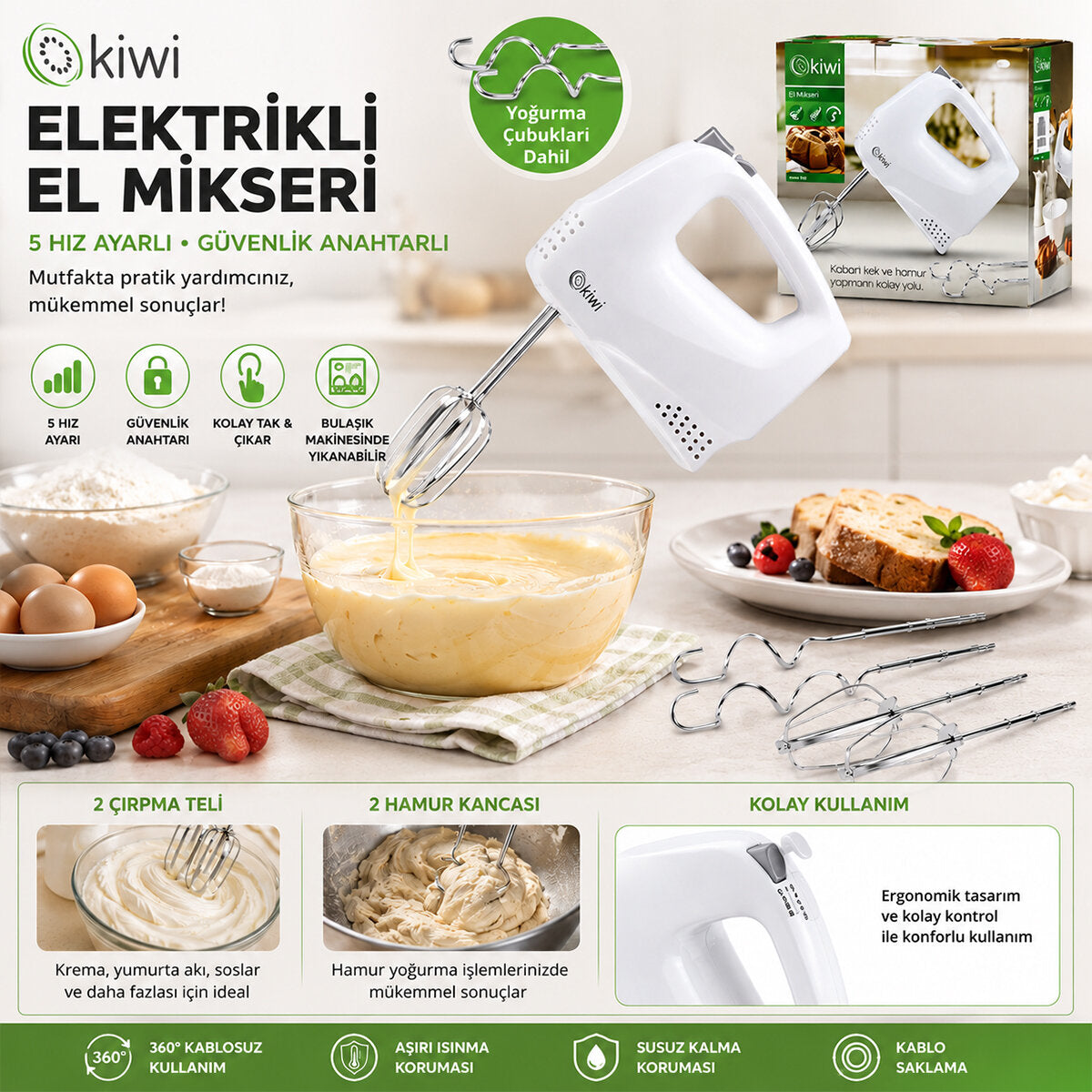 KİWİ KMX-3608 ELEKTRİKLİ EL MİKSERİ 2PCS METAL ÇIRPMA APARATI - 2PCS HAMUR KANCASI 5 KADEME HIZ ÇIRPICI ÇIKARTMA DÜĞMELİ (5643)