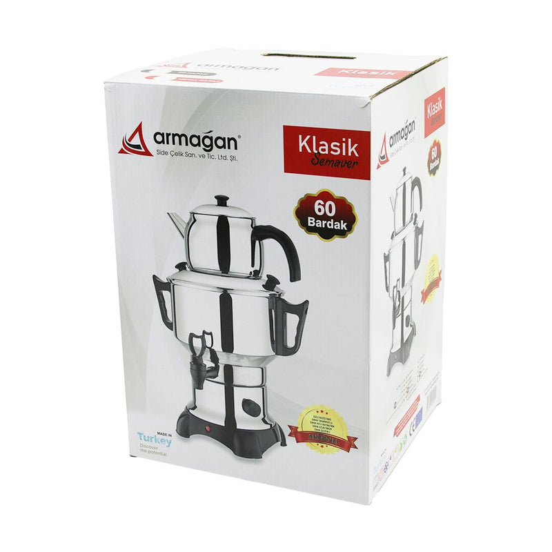 KLASİK ÇAY SETİ=DEMLİK - SU KAZANI ELEKTRİKLİ SEMAVER 60 BARDAK 6LT - TEK MUSLUK 1500W GİZLİ REZİSTANS (5643)