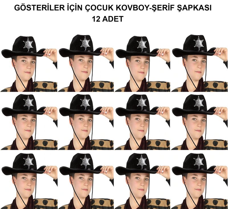 Kovboy Şerif Şapkası Siyah 12 Adet - Kostüm, Parti Ve Gösteri Şapkası
