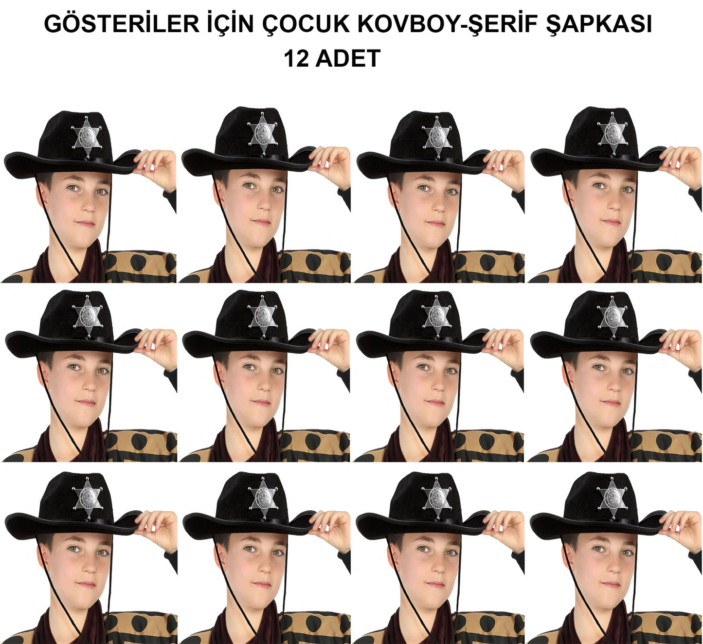 Kovboy Şerif Şapkası Siyah 12 Adet - Kostüm, Parti Ve Gösteri Şapkası