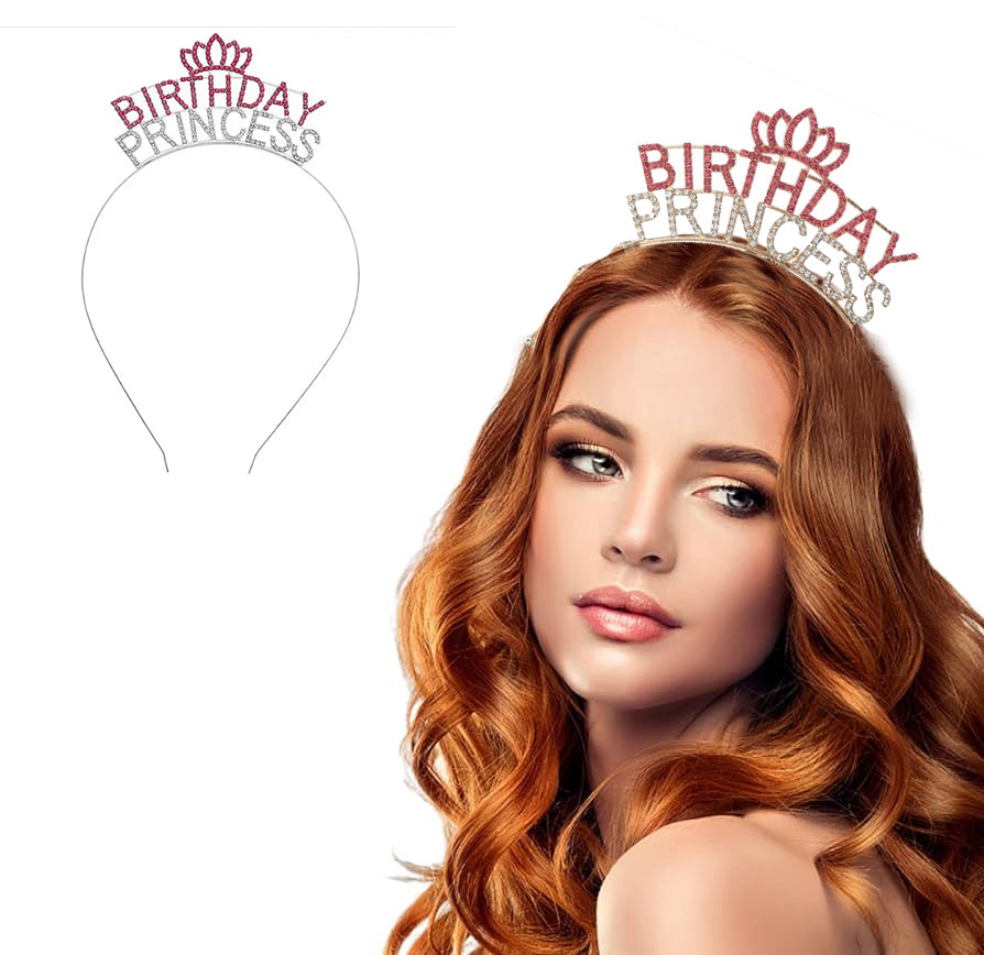 Kristal Taşlı Pembe Birthday Princess Yazılı Parti Tacı 19x11 cm (5643)
