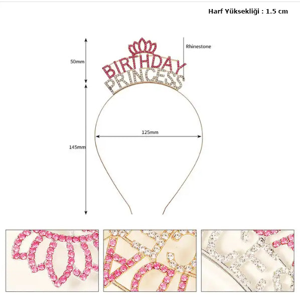 Kristal Taşlı Pembe Birthday Princess Yazılı Parti Tacı 19x11 cm (5643)
