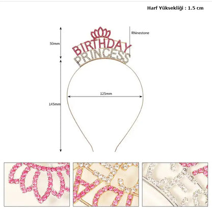 Kristal Taşlı Pembe Birthday Princess Yazılı Parti Tacı 19x11 cm (5643)