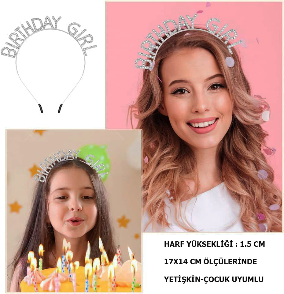 Kristal Taşlı Gümüş Birthday Girl Yazılı Doğum Günü Parti Tacı 19x11 cm (5643)