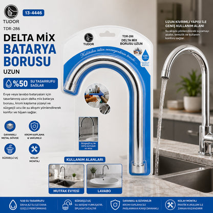 KUĞU EVYE - LAVABO UZUN DELTA MİX BATARYA BORUSU KROM KAPLAMA - VAKUMLU - SÜZGEÇLİ UÇ (5643)