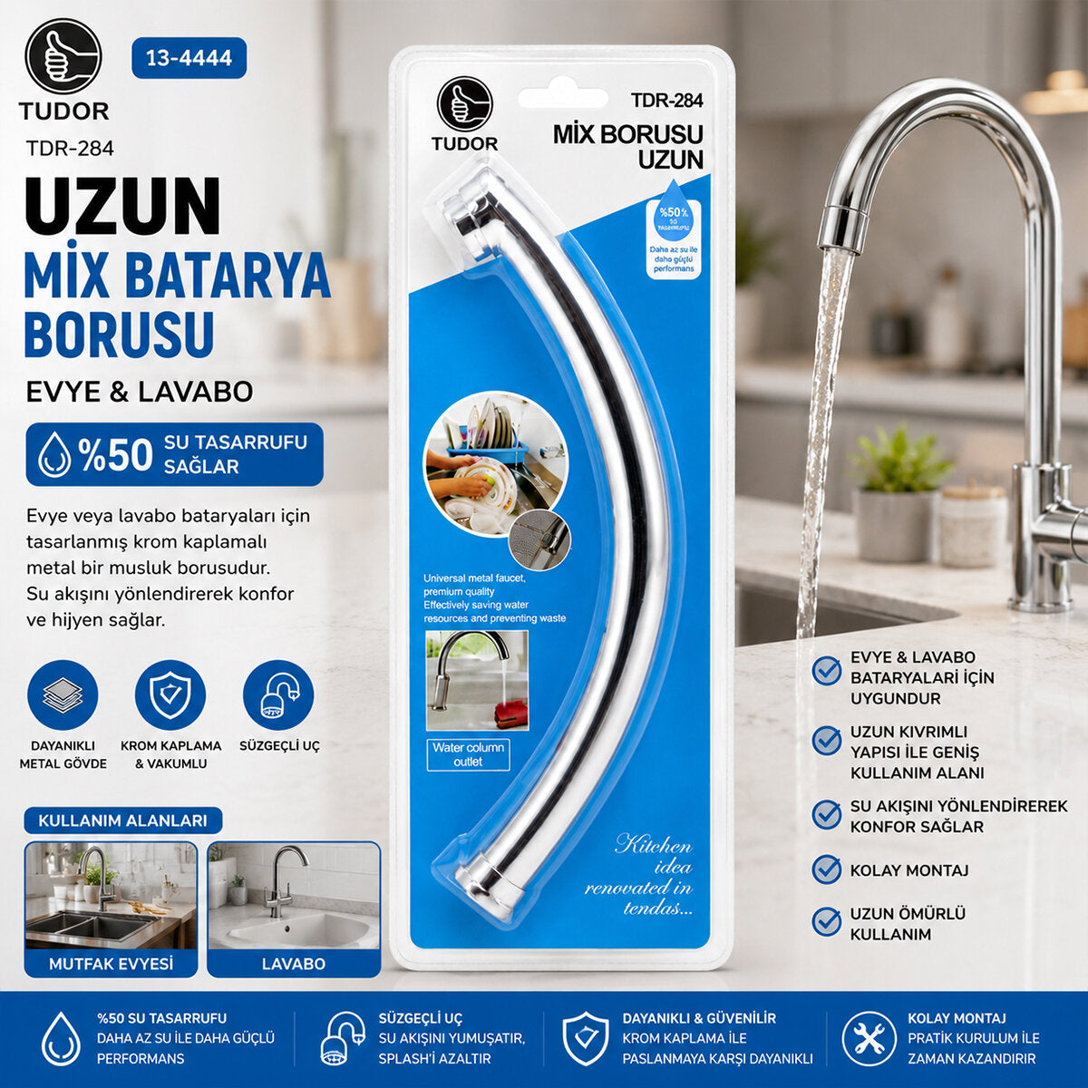 KUĞU EVYE - LAVABO UZUN MİX BATARYA BORUSU KROM KAPLAMA - VAKUMLU - SÜZGEÇLİ UÇ (5643)