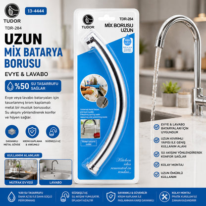 KUĞU EVYE - LAVABO UZUN MİX BATARYA BORUSU KROM KAPLAMA - VAKUMLU - SÜZGEÇLİ UÇ (5643)