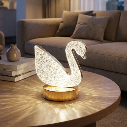 Kuğu Model Kristal LED Masa Lambası – Dokunmatik, 3 Renk Işık Modlu, Şarjlı Mini Dekoratif Gece Lambası (5643)