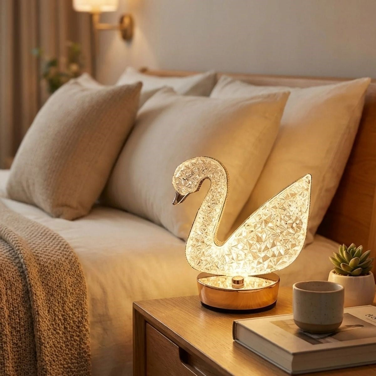 Kuğu Model Kristal LED Masa Lambası – Dokunmatik, 3 Renk Işık Modlu, Şarjlı Mini Dekoratif Gece Lambası (5643)
