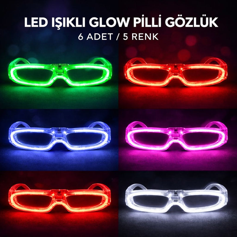 LED Işıklı Glow Pilli Parti Gözlüğü - Glow Efektli 6 Adet 5 Renk (5643)