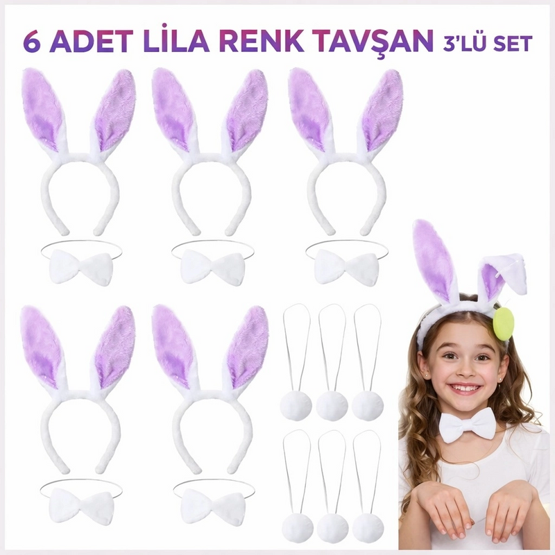 Lila Tavşan Sahne Seti 6'lı Set Taç Papyon Kuyruk