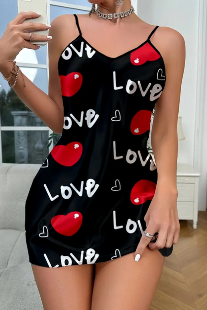Love Desenli Siyah Saten Gecelik - Siyah / L