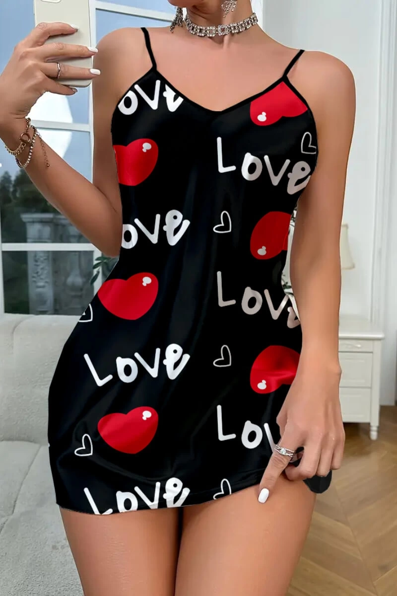 Love Desenli Siyah Saten Gecelik - Siyah / XL