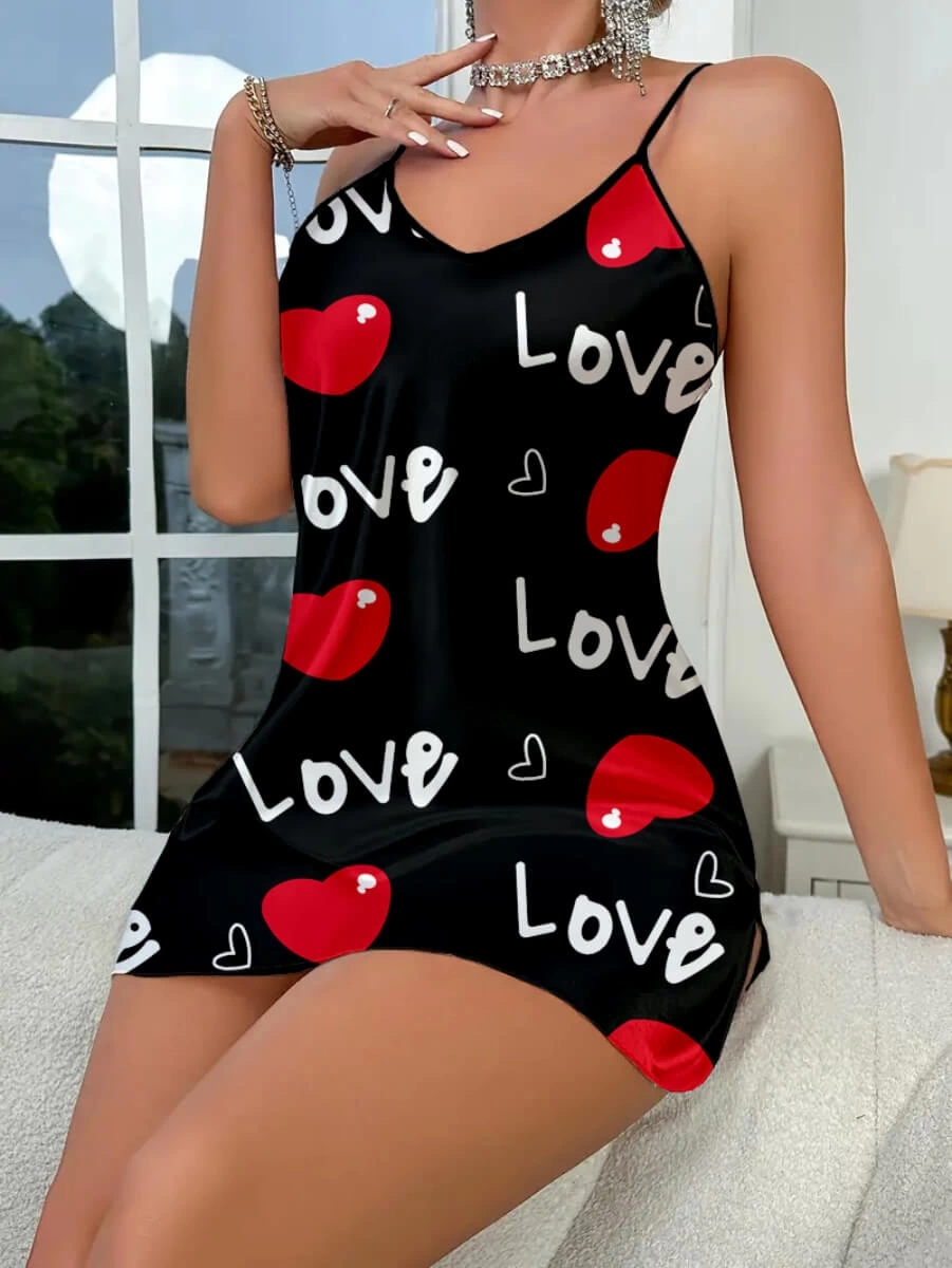 Love Desenli Siyah Saten Gecelik - Siyah / L