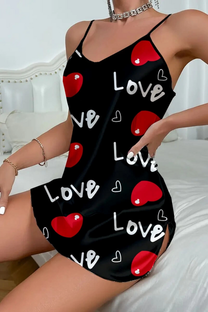Love Desenli Siyah Saten Gecelik - Siyah / M