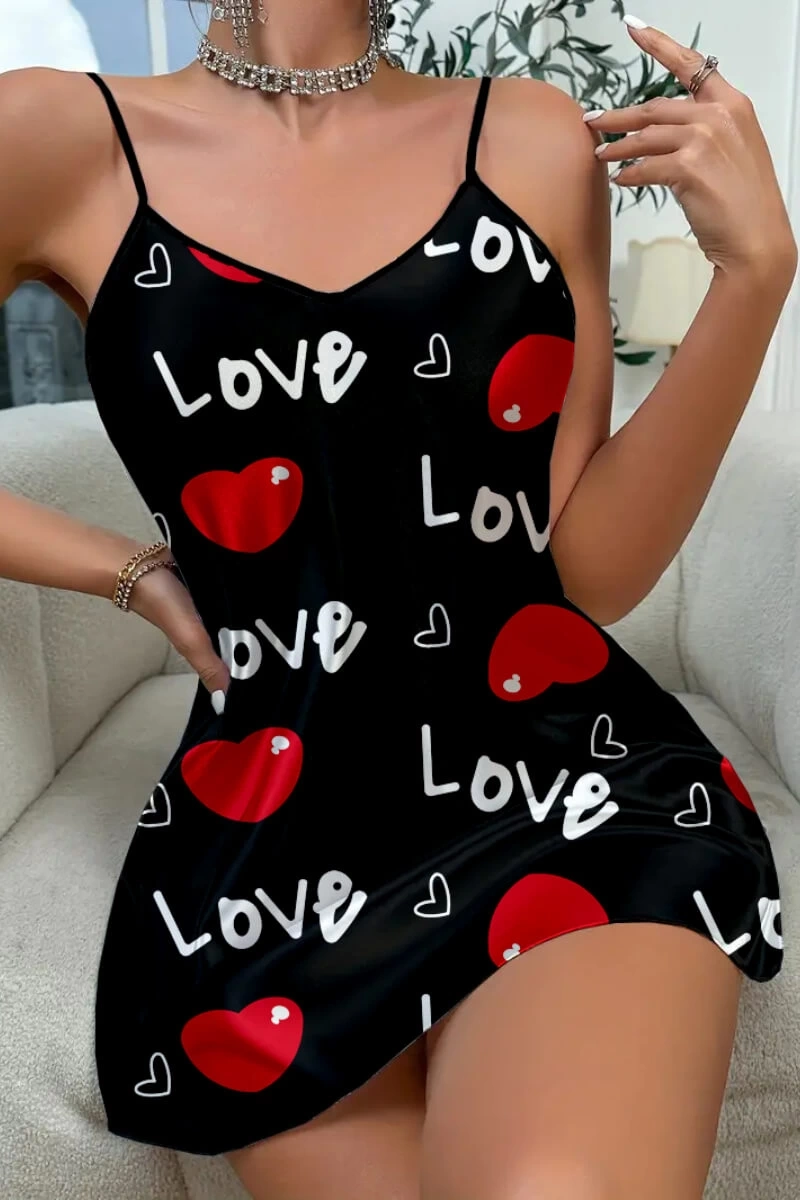 Love Desenli Siyah Saten Gecelik - Siyah / L
