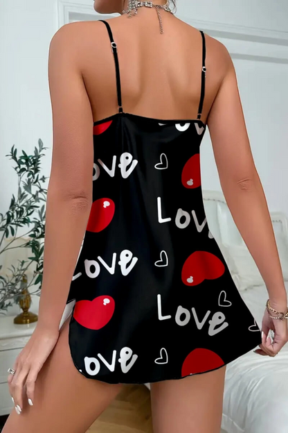 Love Desenli Siyah Saten Gecelik - Siyah / XL