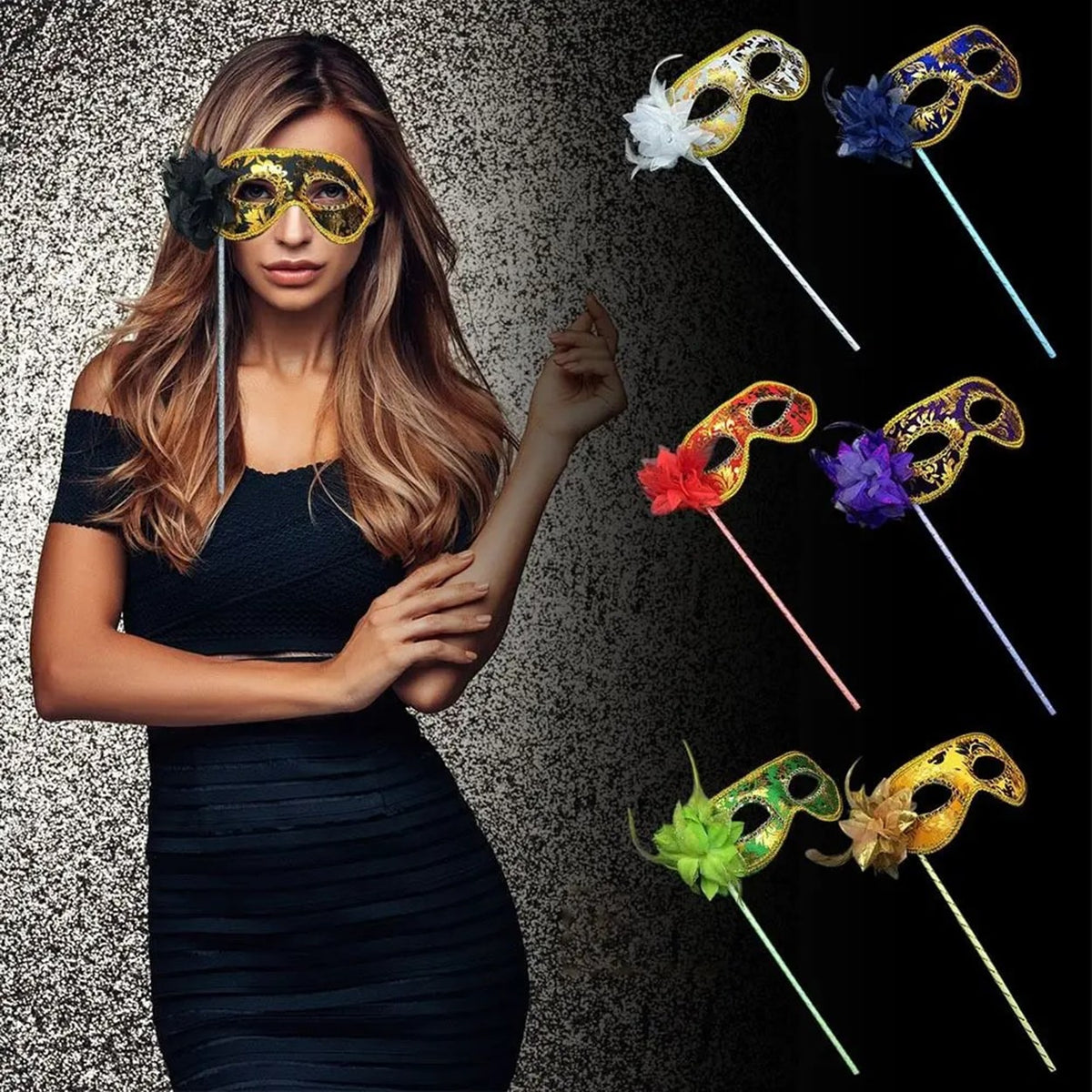 Lüks Taşlı Saplı Maskeli Balo Maskesi Mor Renk 35 cm (5643)