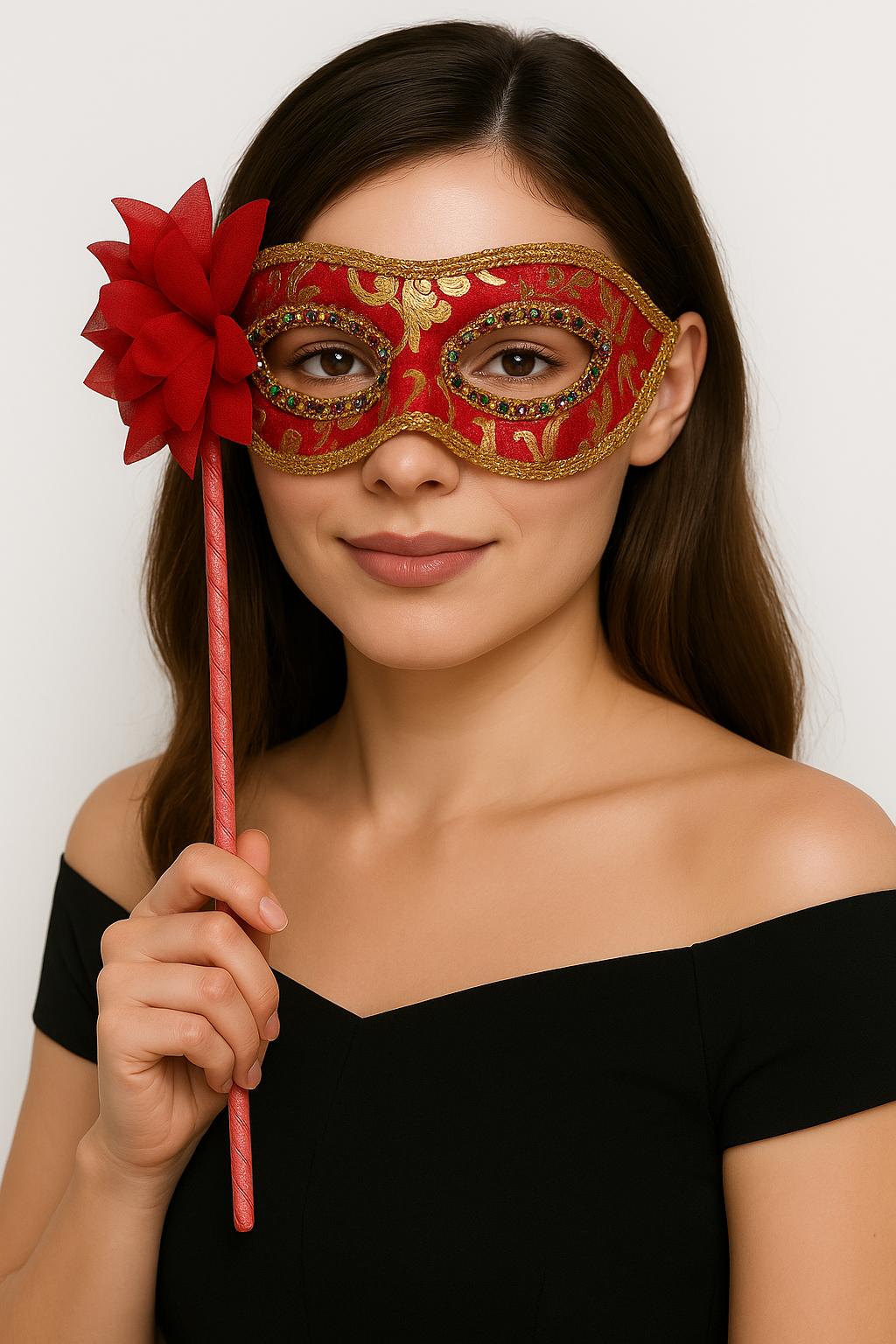 Lüks Taşlı Saplı Maskeli Balo Maskesi Kırmızı Renk 35 cm (5643)