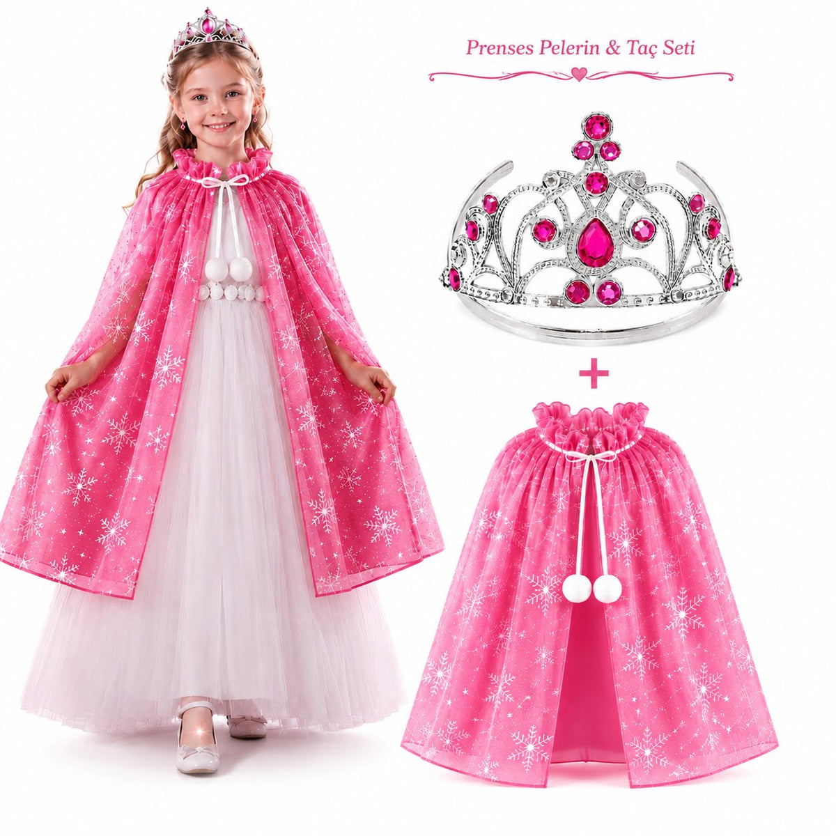 Masal Prensesi Pembe Pelerin ve Taç Seti (85 cm) (5643)