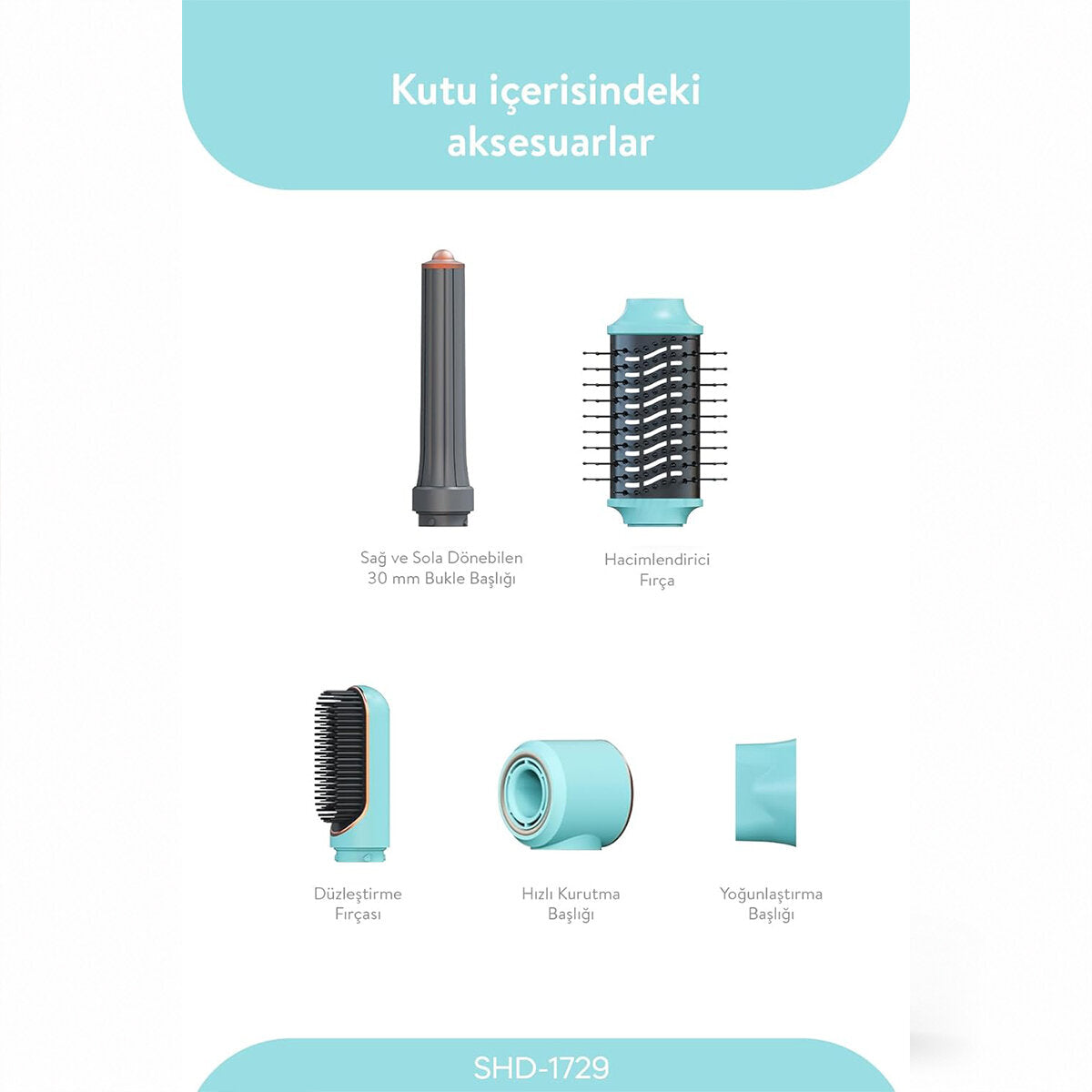 MAVİ AİR BRUSH 5İN1=BUKLE-HACİMLE-DÜZLEŞTİR-2-FIRÇA SAÇ KURUTMA - ŞEKİL MAKİNESİ 1300W 3-KDM.HIZ SICAKLIK SHD-1729 (5643)