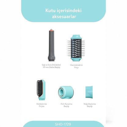 MAVİ AİR BRUSH 5İN1=BUKLE-HACİMLE-DÜZLEŞTİR-2-FIRÇA SAÇ KURUTMA - ŞEKİL MAKİNESİ 1300W 3-KDM.HIZ SICAKLIK SHD-1729 (5643)