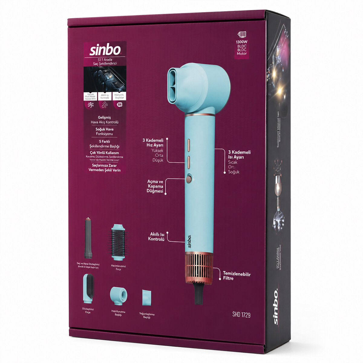 MAVİ AİR BRUSH 5İN1=BUKLE-HACİMLE-DÜZLEŞTİR-2-FIRÇA SAÇ KURUTMA - ŞEKİL MAKİNESİ 1300W 3-KDM.HIZ SICAKLIK SHD-1729 (5643)
