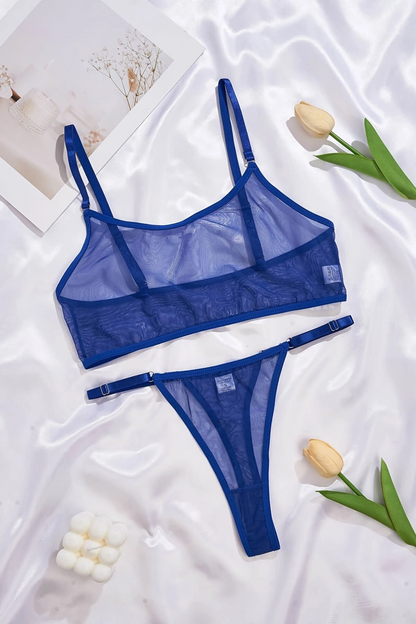 Mavi Transparan Tül Bralet Tanga İç Giyim Takımı Tm1389 - Mavi / L