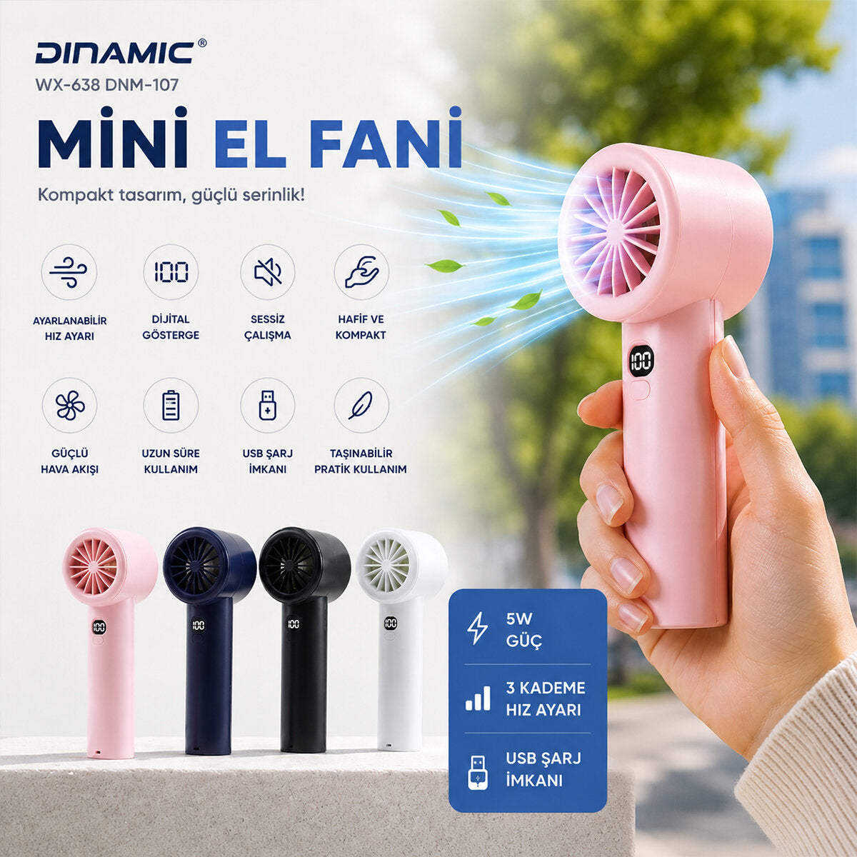MİNİ EL FANI RENKİ AYARLANABİLİR HIZ AYARI DİJİTAL GÖSTERGE FAN - VANTİLATÖR 5W WX-638 HERHANGİ BİR RENK GÖNDERİLİR (5643)