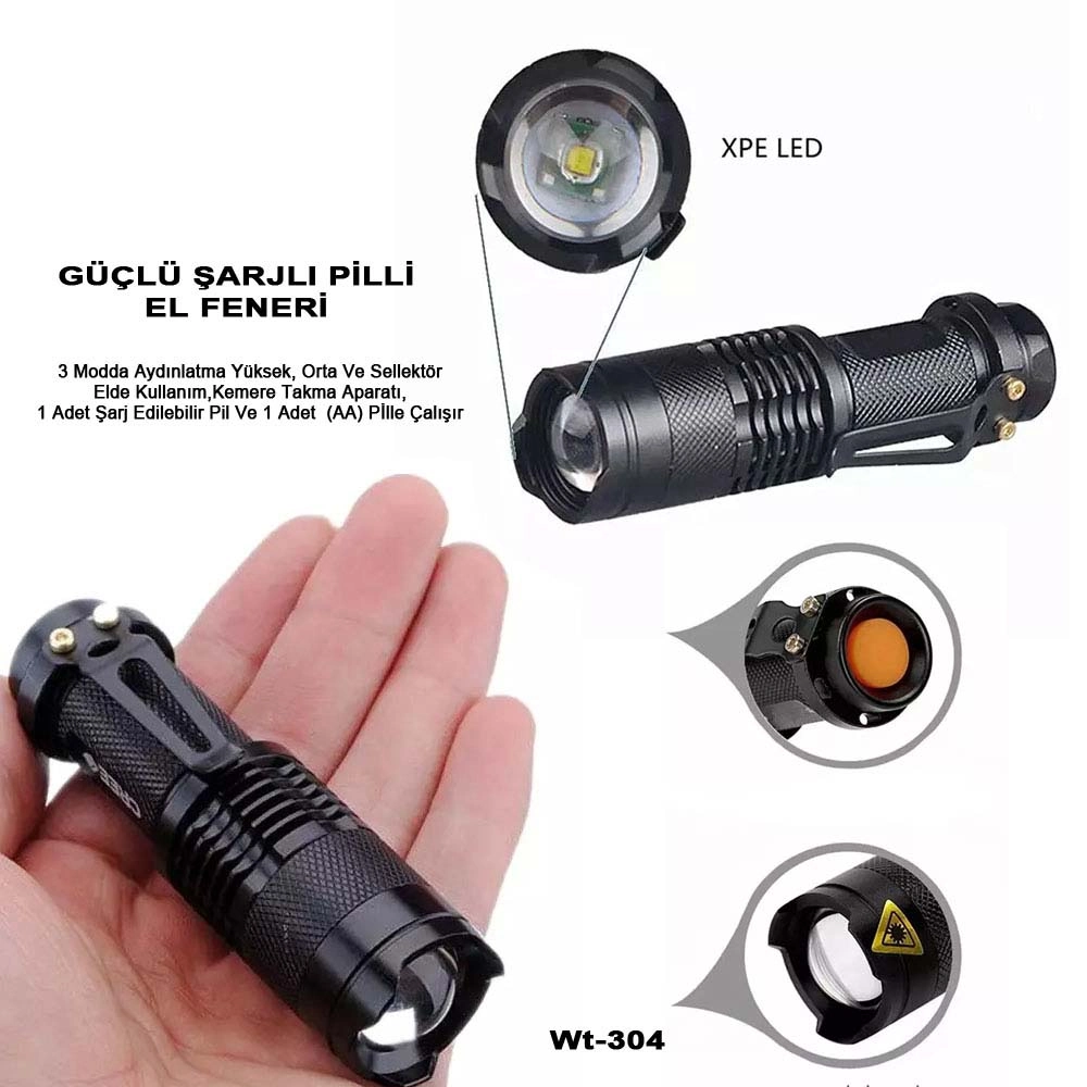 Mini Güçlü Şarjlı Pilli El Feneri Wt-304