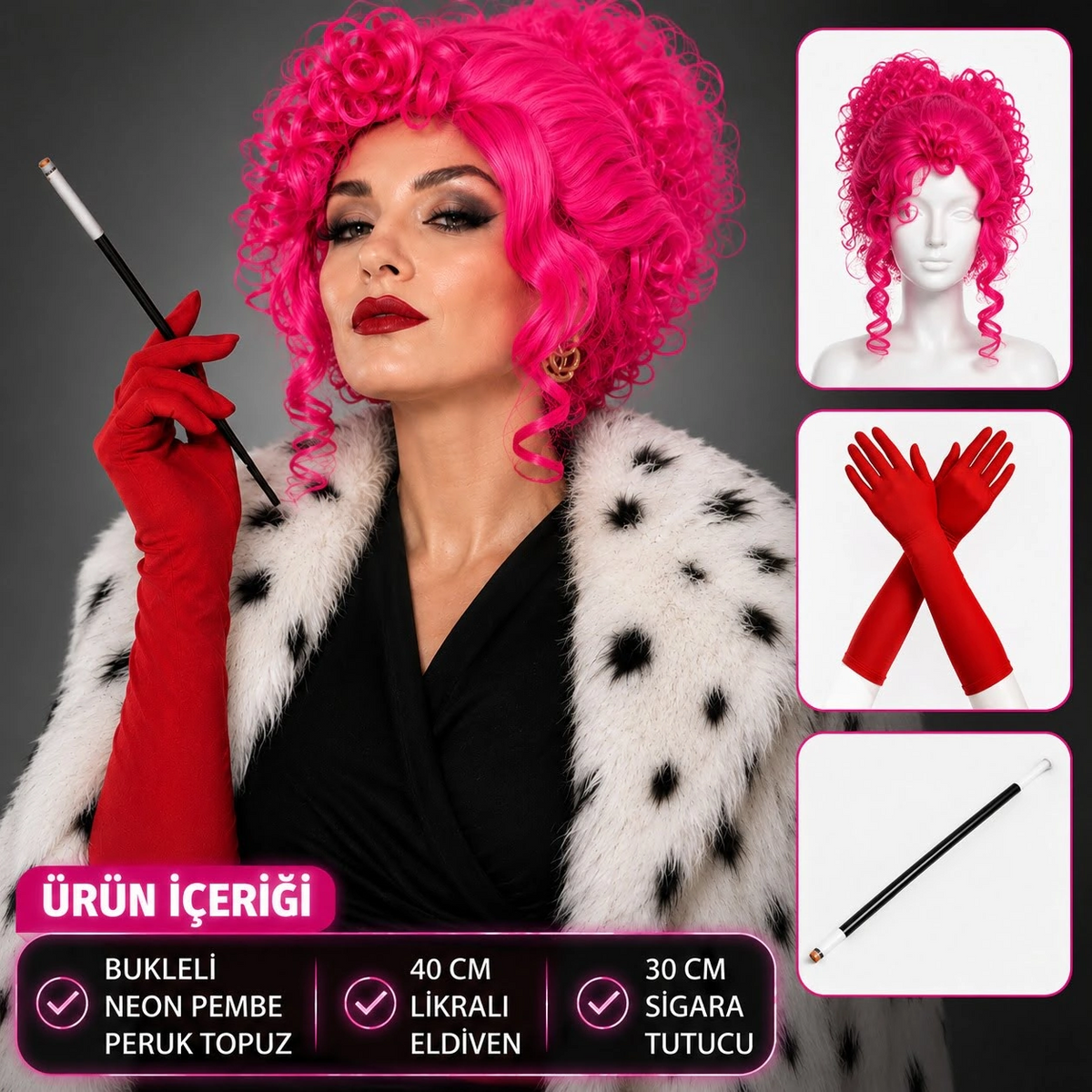 Neon Bukleli Pembe Peruk Uzun Kumaş Kırmızı Eldiven Ve Sigara Tutucu Seti (3 Parça)