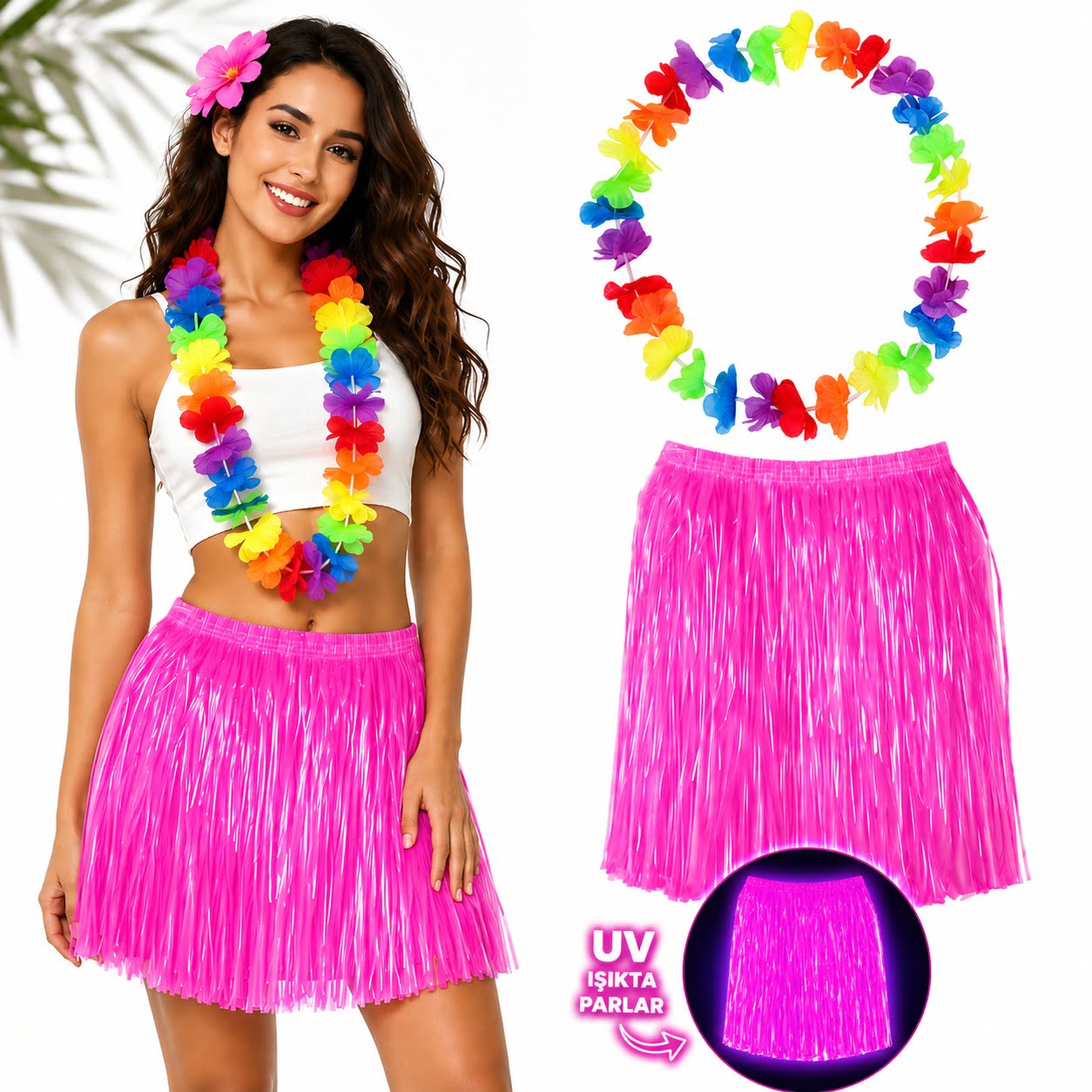 Neon Pembe Hawaii Etek 40 cm ve Rengarenk Hawaii Kolye (5643)