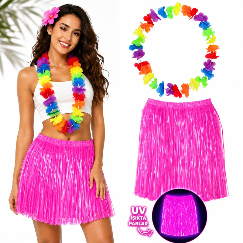 Neon Pembe Hawaii Etek 40 cm ve Rengarenk Hawaii Kolye (5643)