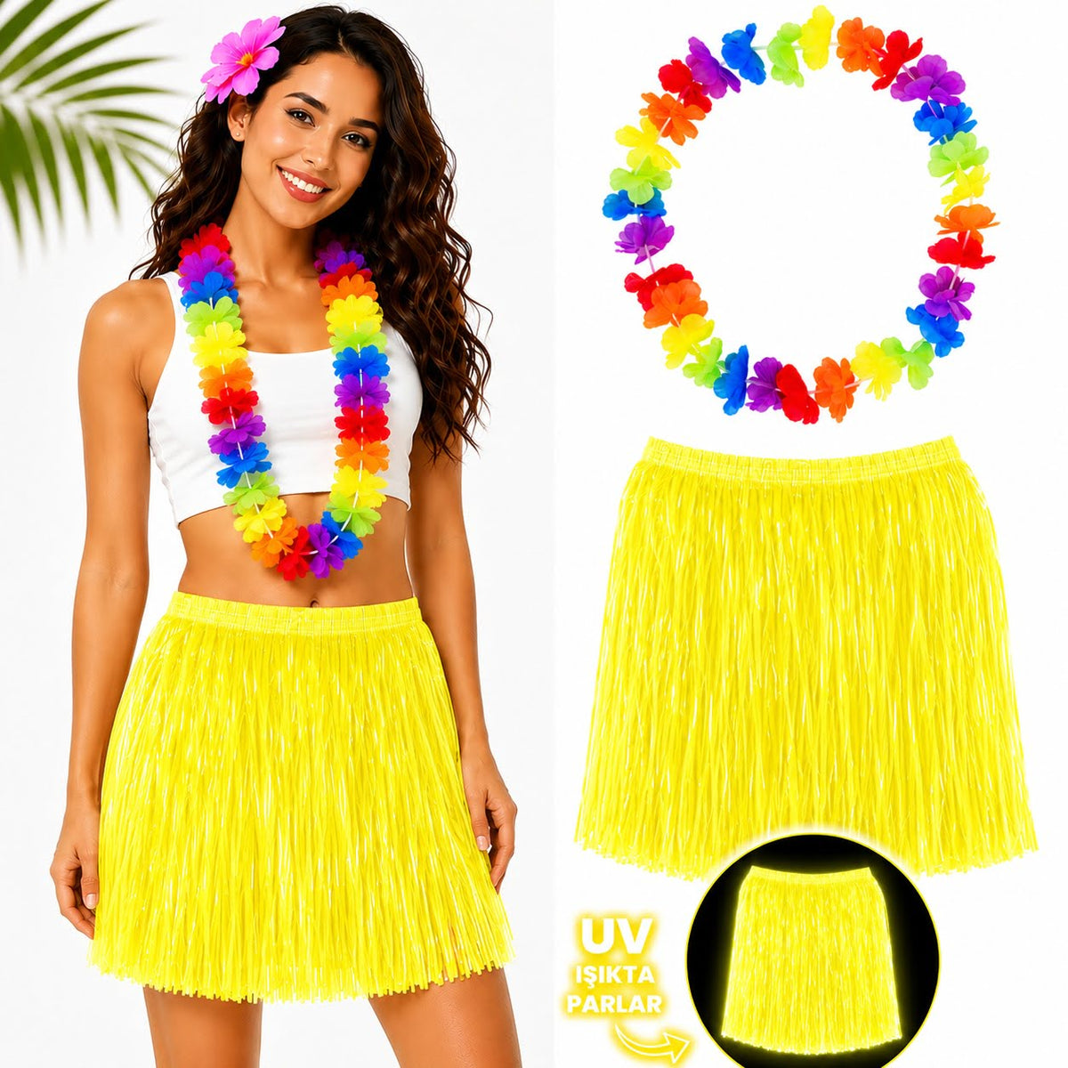 Neon Sarı Hawaii Etek 40 cm ve Rengarenk Hawaii Kolye (5643)