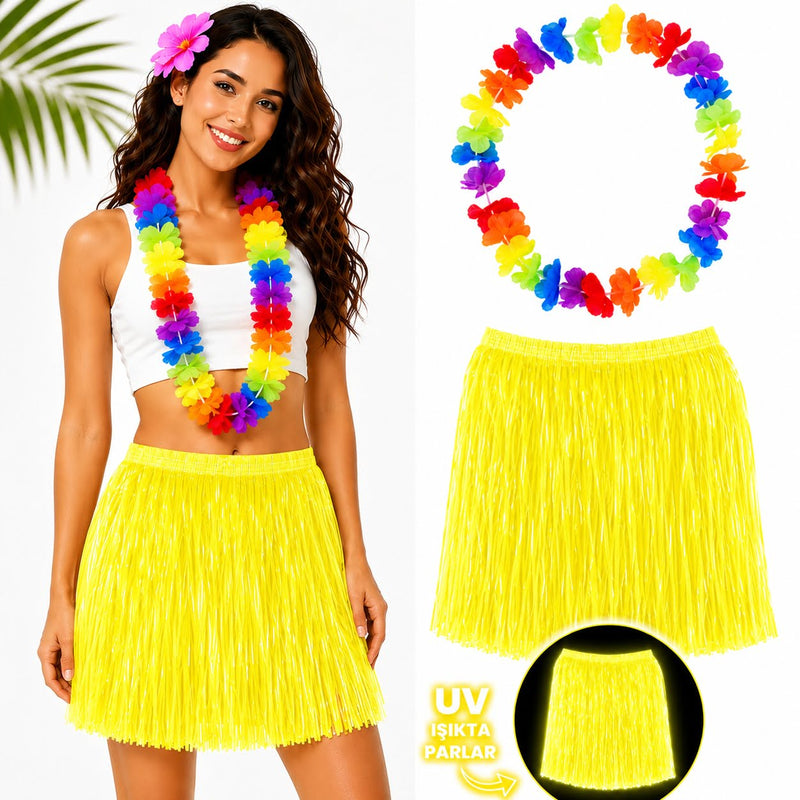 Neon Sarı Hawaii Etek 40 cm ve Rengarenk Hawaii Kolye (5643)