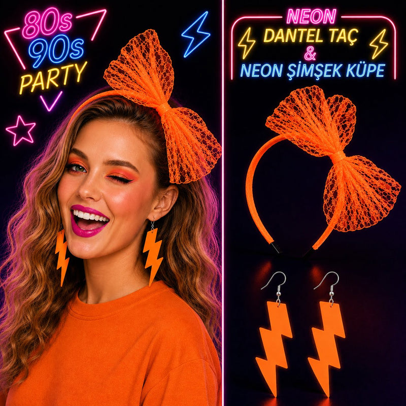 Neon Turuncu Dantel Taç ve Şimşek Küpe 80'ler 90'lar Parti Seti (5643)