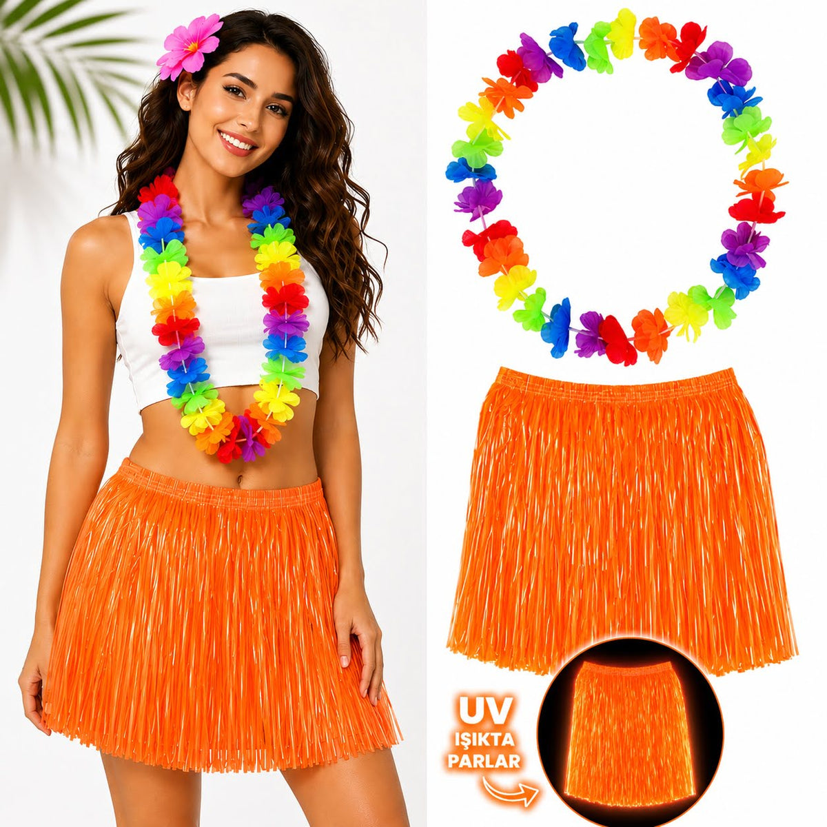 Neon Turuncu Hawaii Etek 40 cm ve Rengarenk Hawaii Kolye (5643)