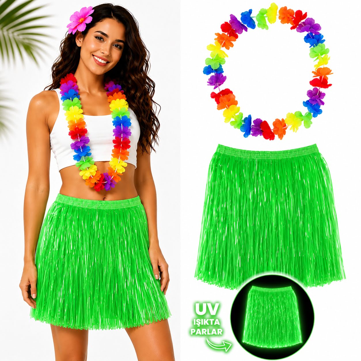 Neon Yeşil Hawaii Etek 40 cm ve Rengarenk Hawaii Kolye (5643)