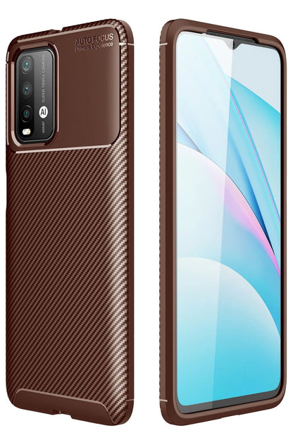 Newface Xiaomi Redmi 9T Kılıf Auto Focus Karbon Kapak - Kahverengi