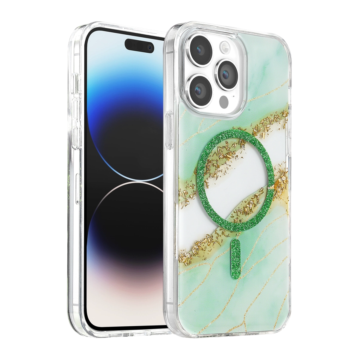 Onegif İphone 15 Pro Max Lotus Simli Magsafe Kapak - Yeşil