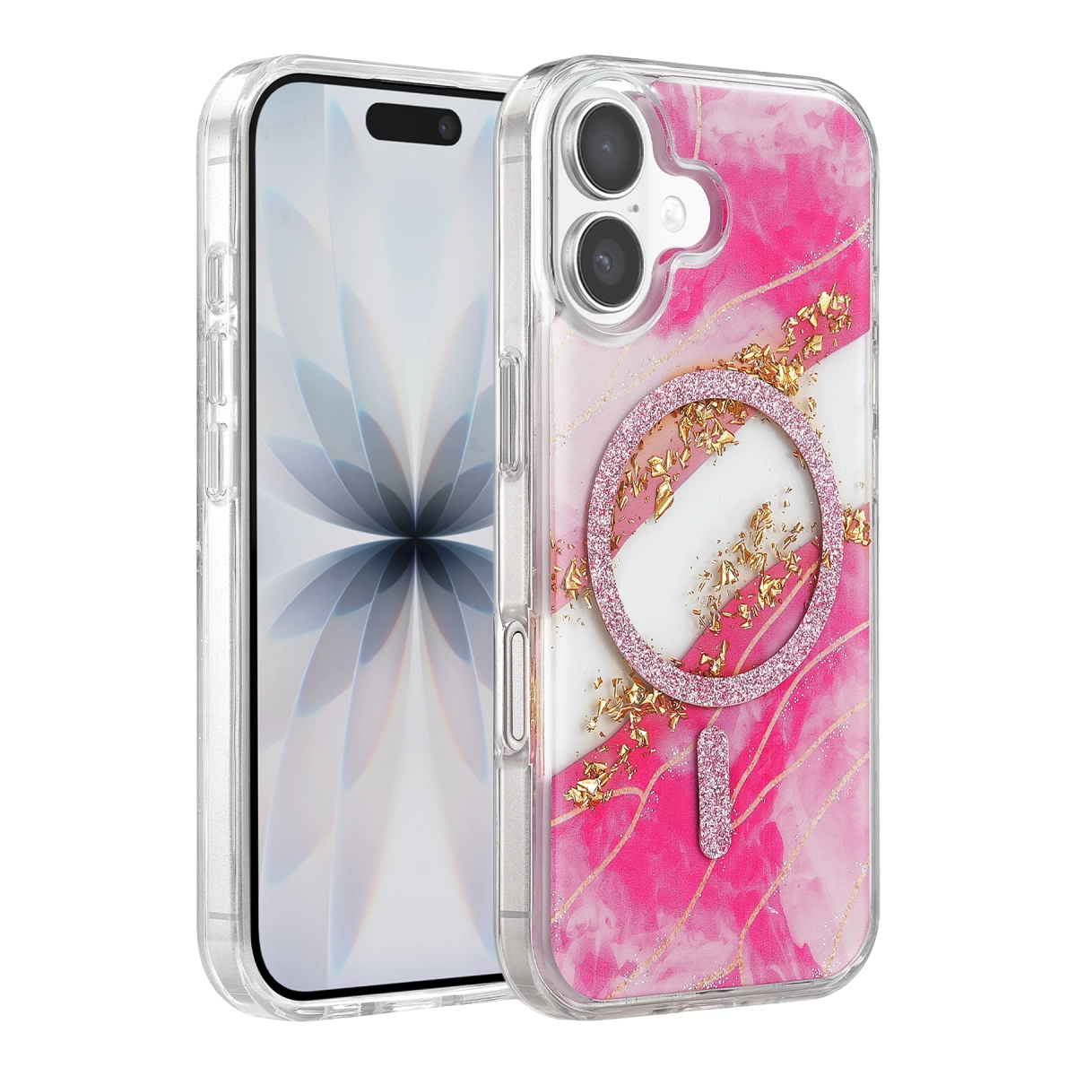 Onegif İphone 17 Lotus Simli Magsafe Kapak - Pembe